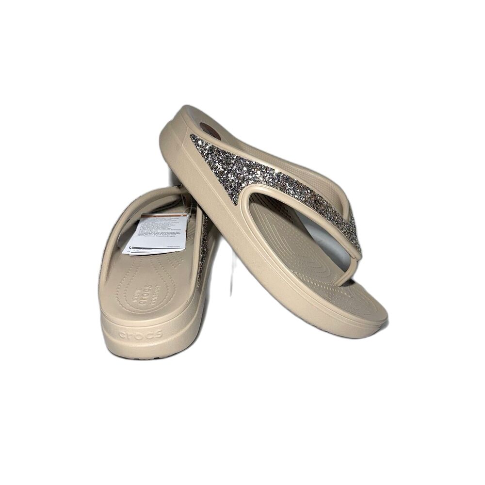 Crocs Women's Sloane Gold Glitter Flip Flop Wedge Tan Sandals Size 8 NWT